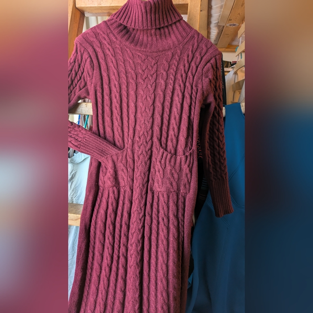 Sweater Dress Burgundy Cable Knit Turtle Neck Ribbed